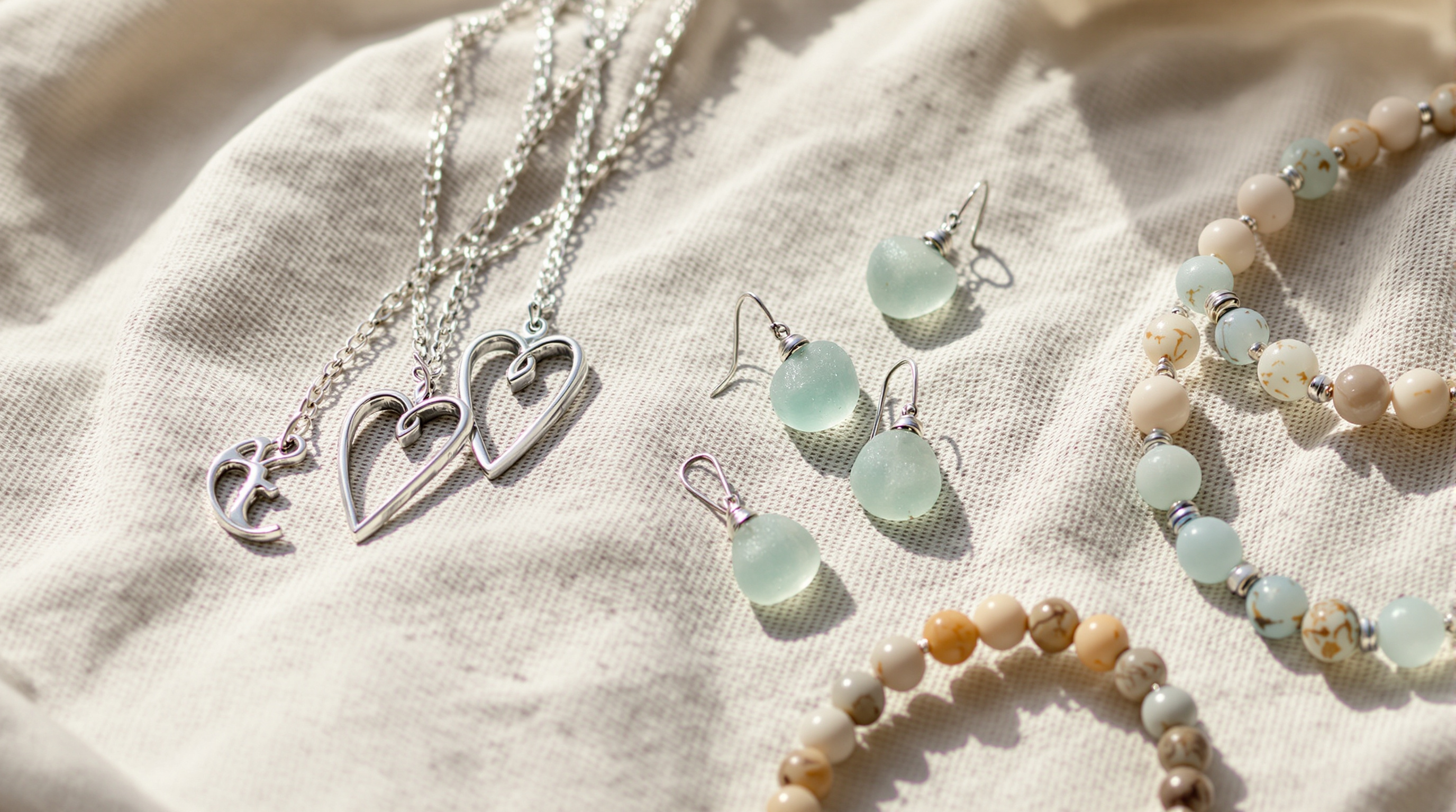 Handcrafted silver and sea-glass jewelry on linen