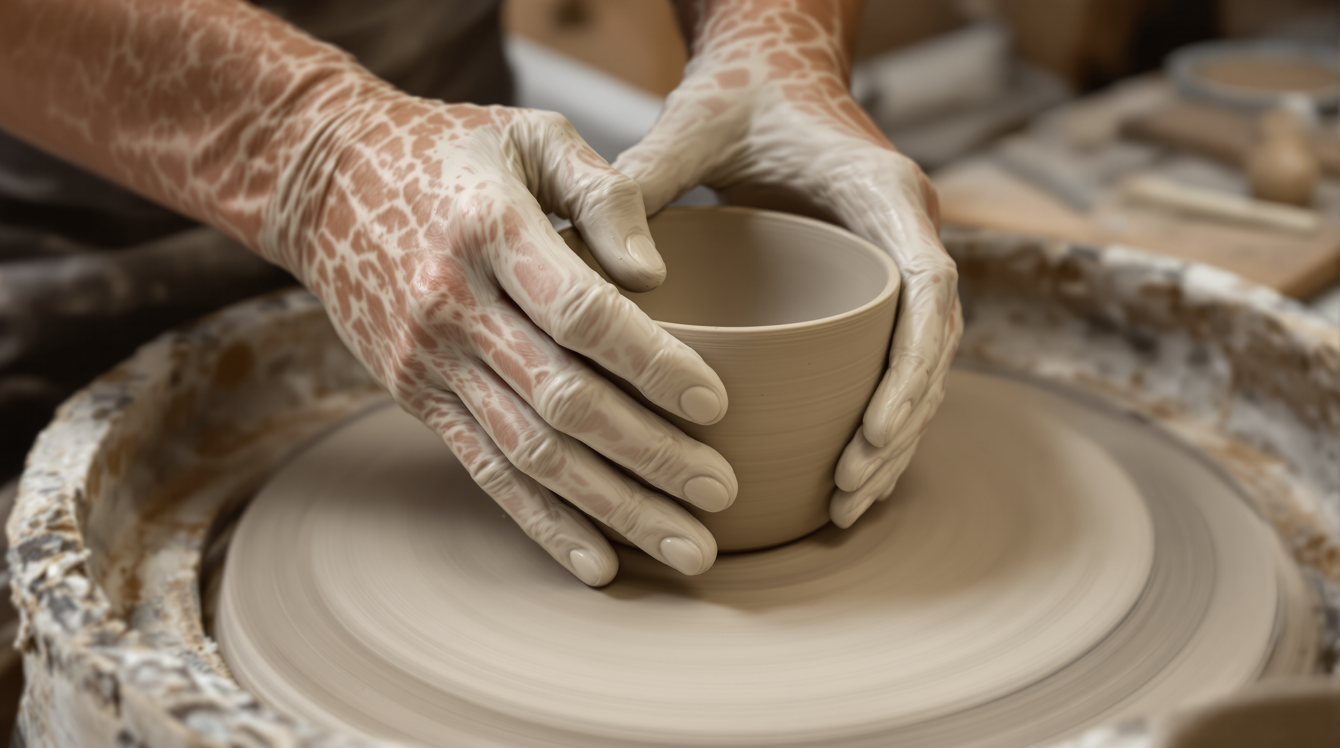 A potter shaping a bowl on the wheel, representing studio pottery styles