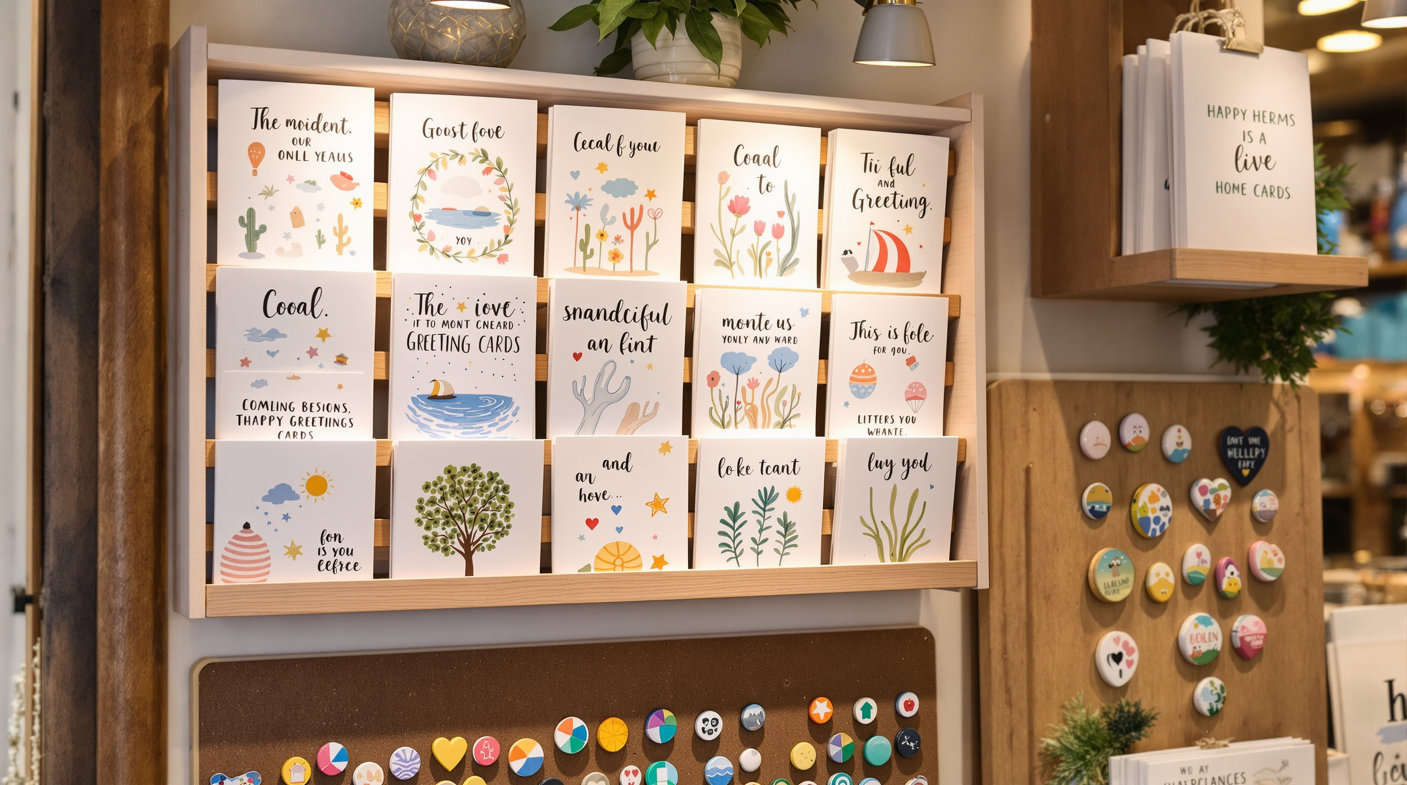A display rack of greeting cards and colorful magnets