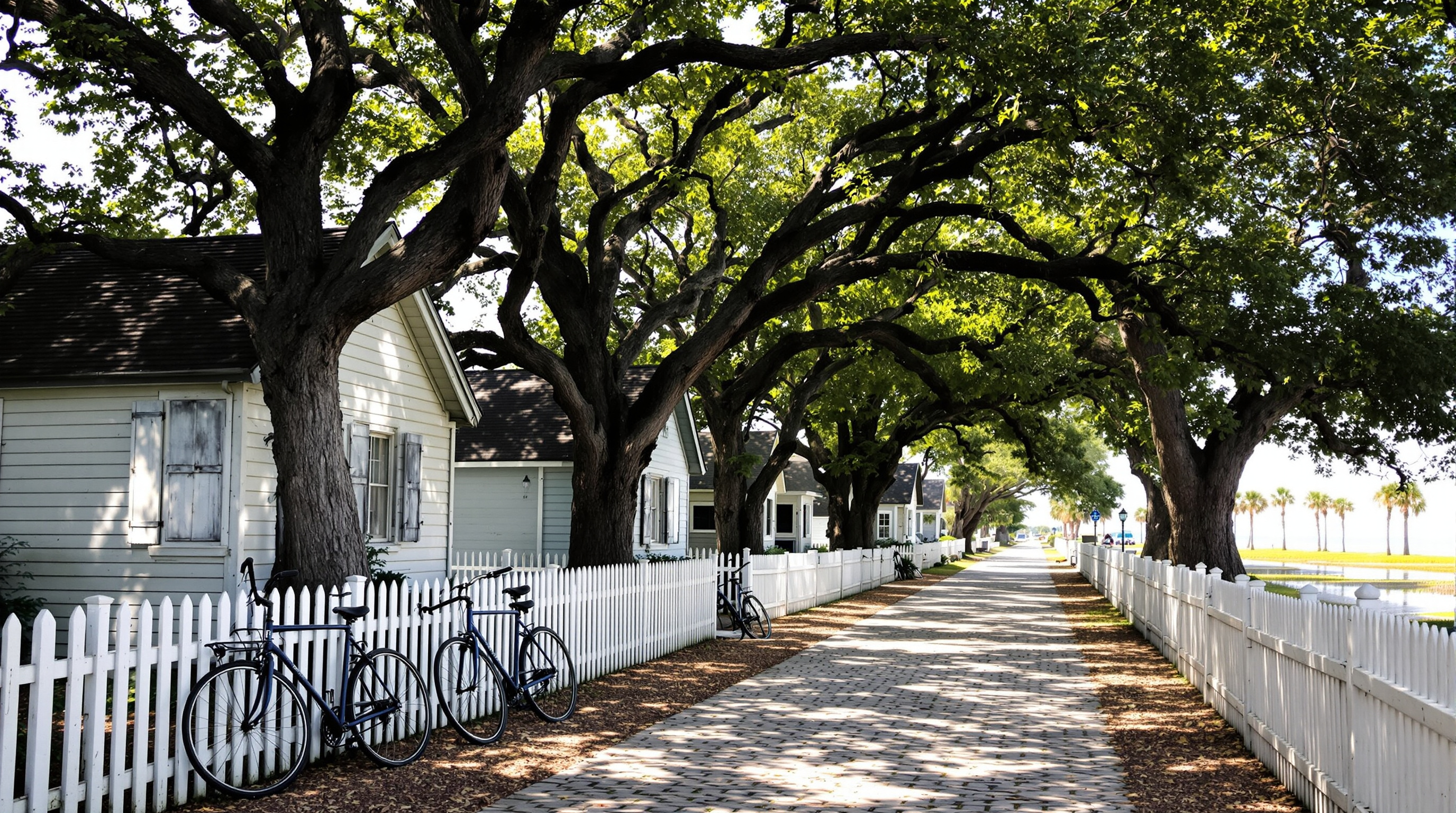 A shaded village lane in Ocracoke with cottages and bicycles