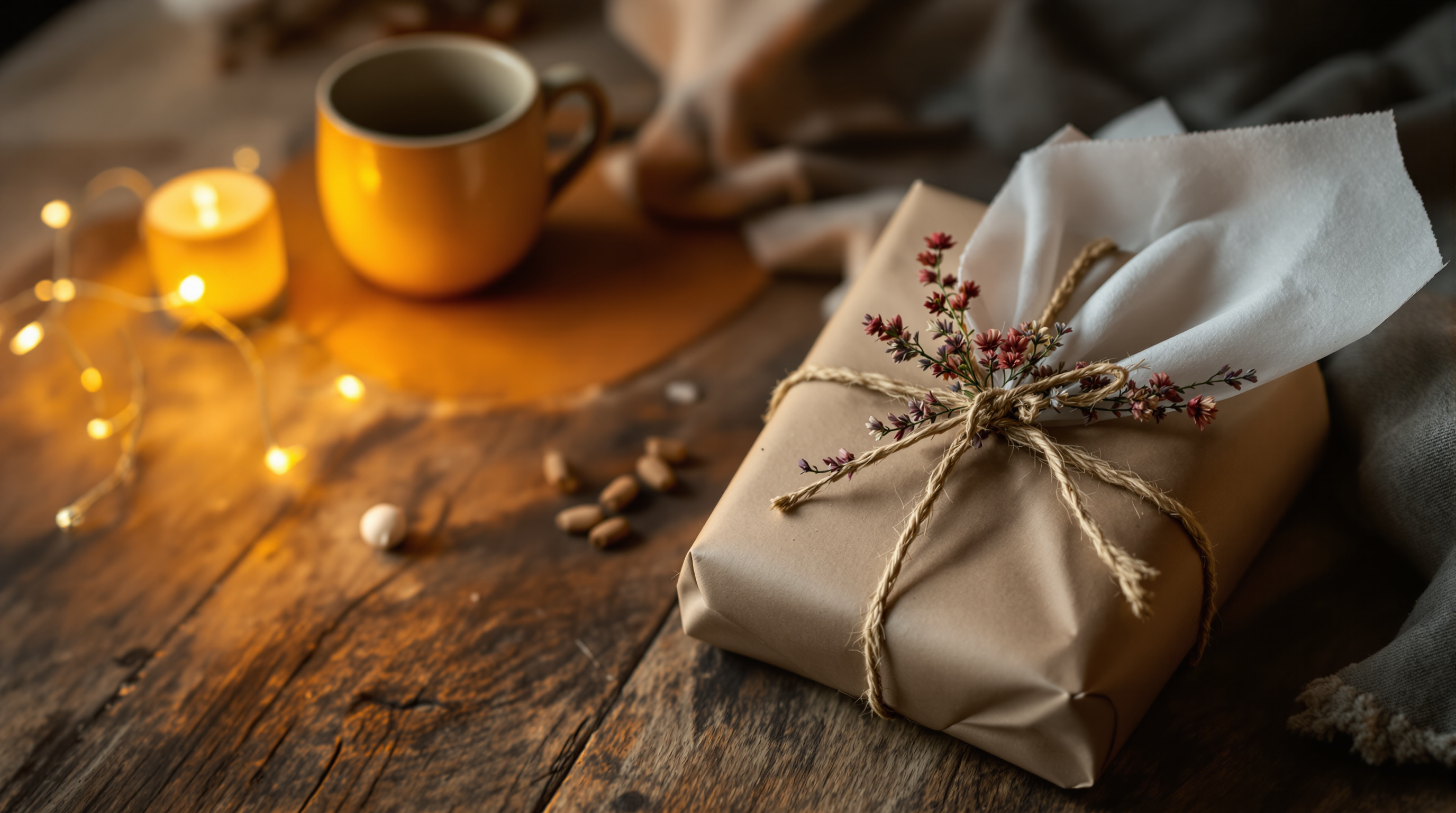 A handmade gift wrapped in kraft paper with twine and dried flowers
