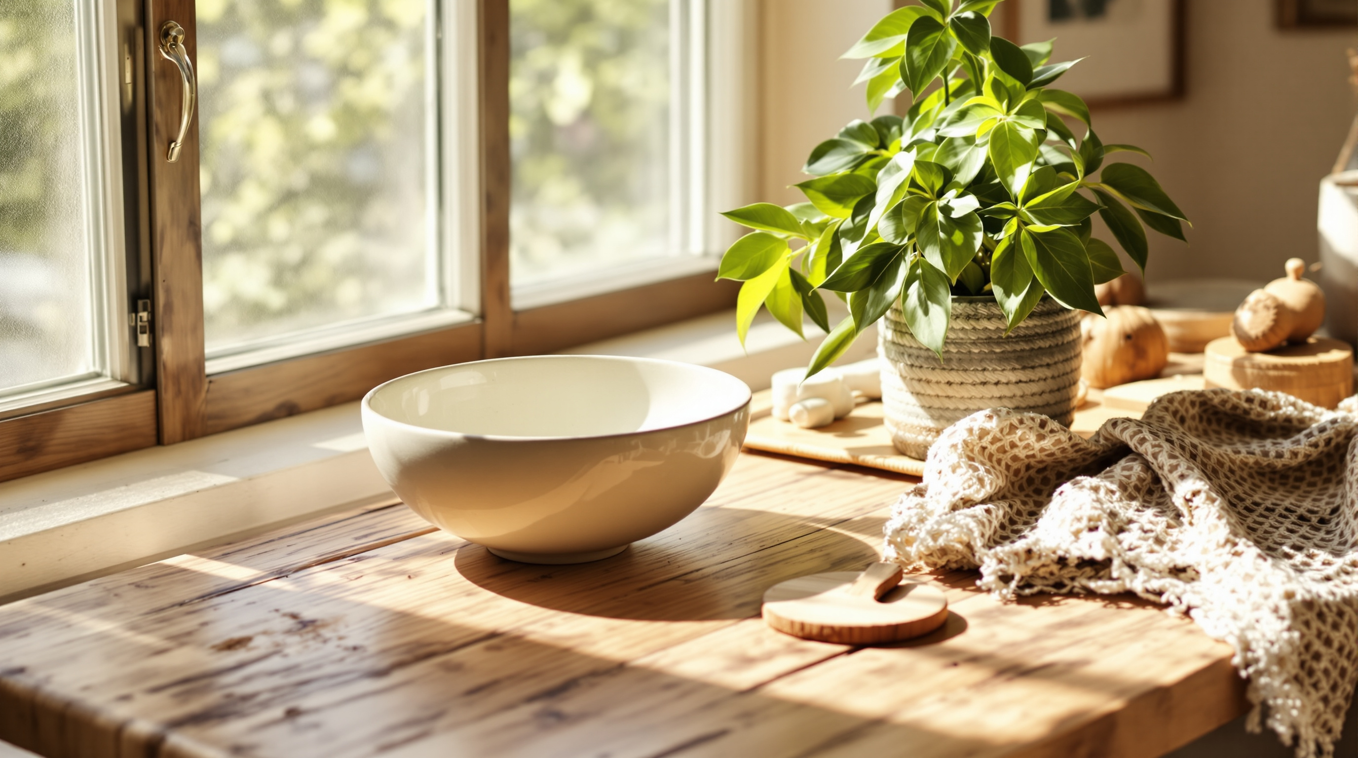 Handmade home decor vignette with ceramic bowl and potted plant