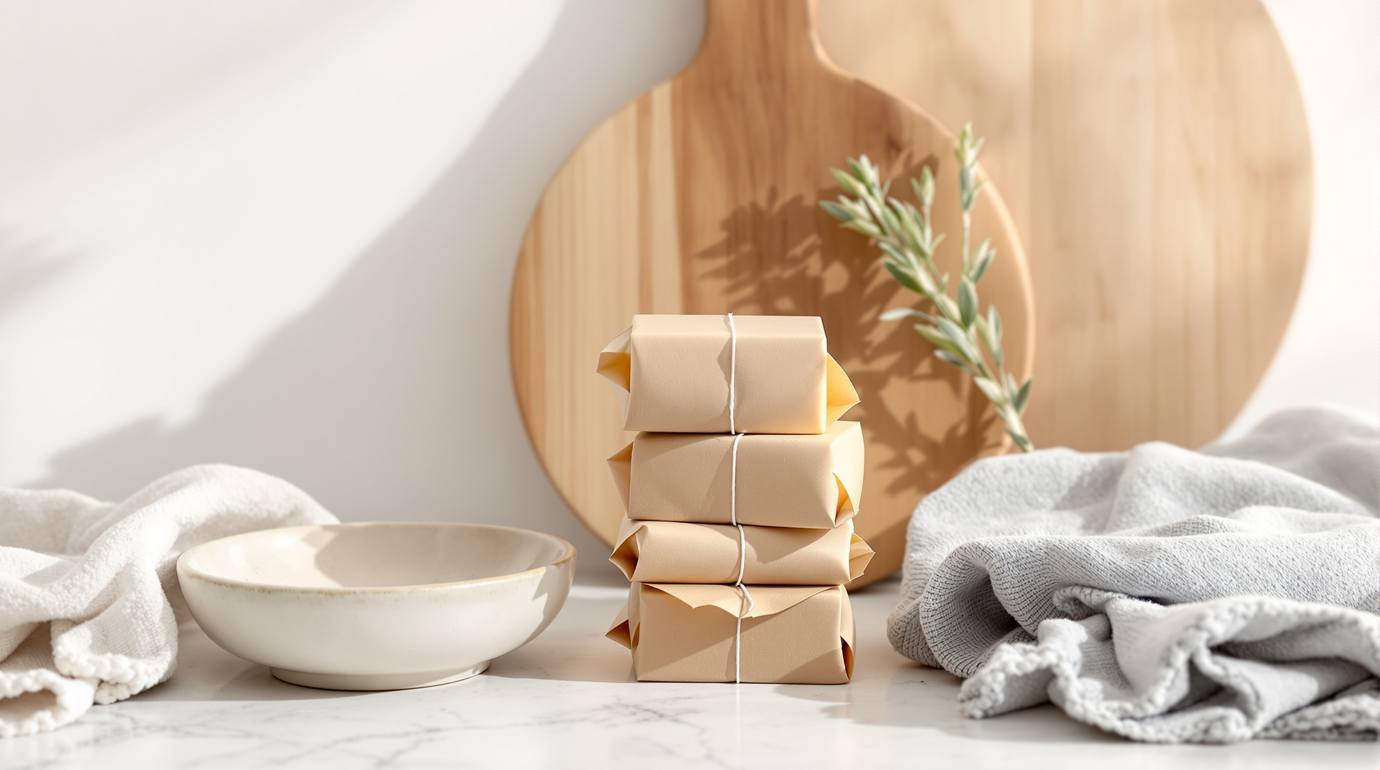 Handmade soaps, ceramic dish and linen towel for kitchen and bath