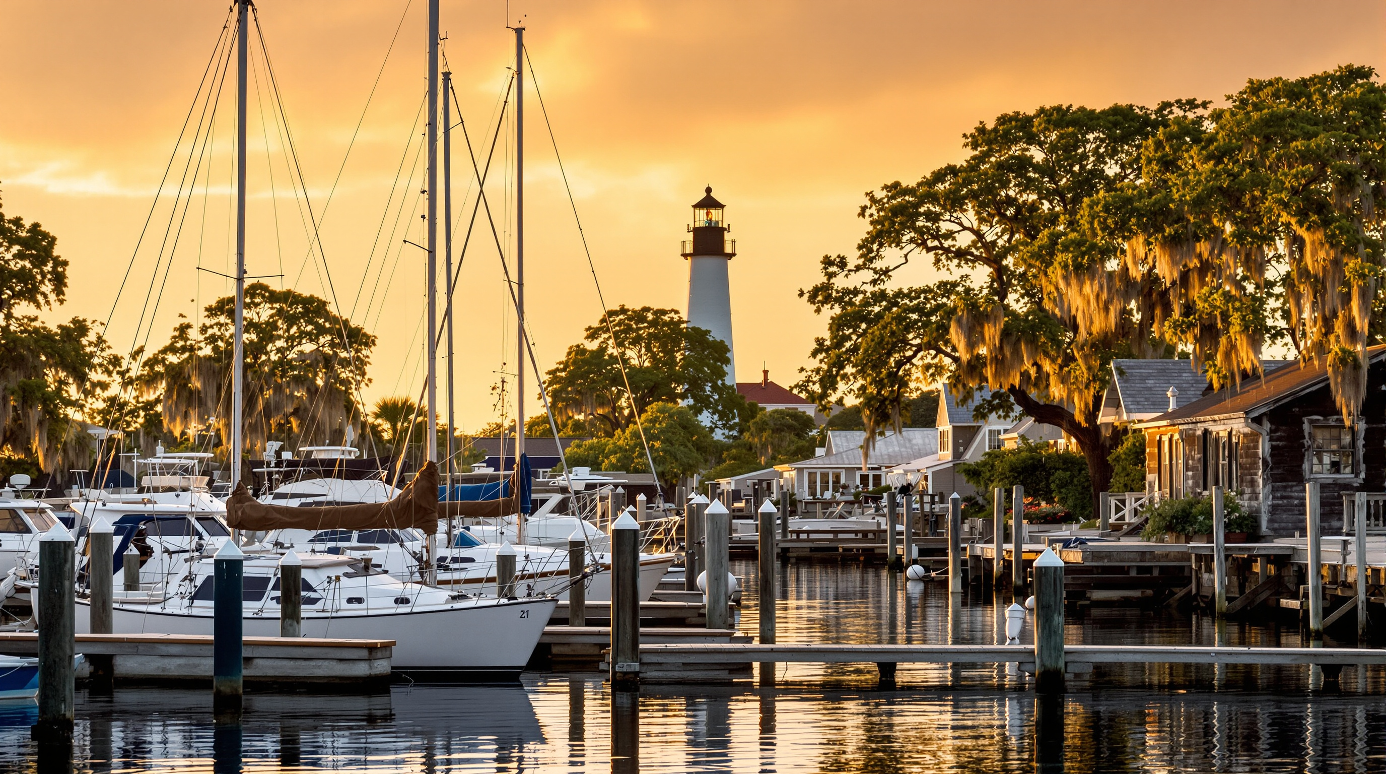 Golden-hour view of Ocracoke village harbor with boats and lighthouse