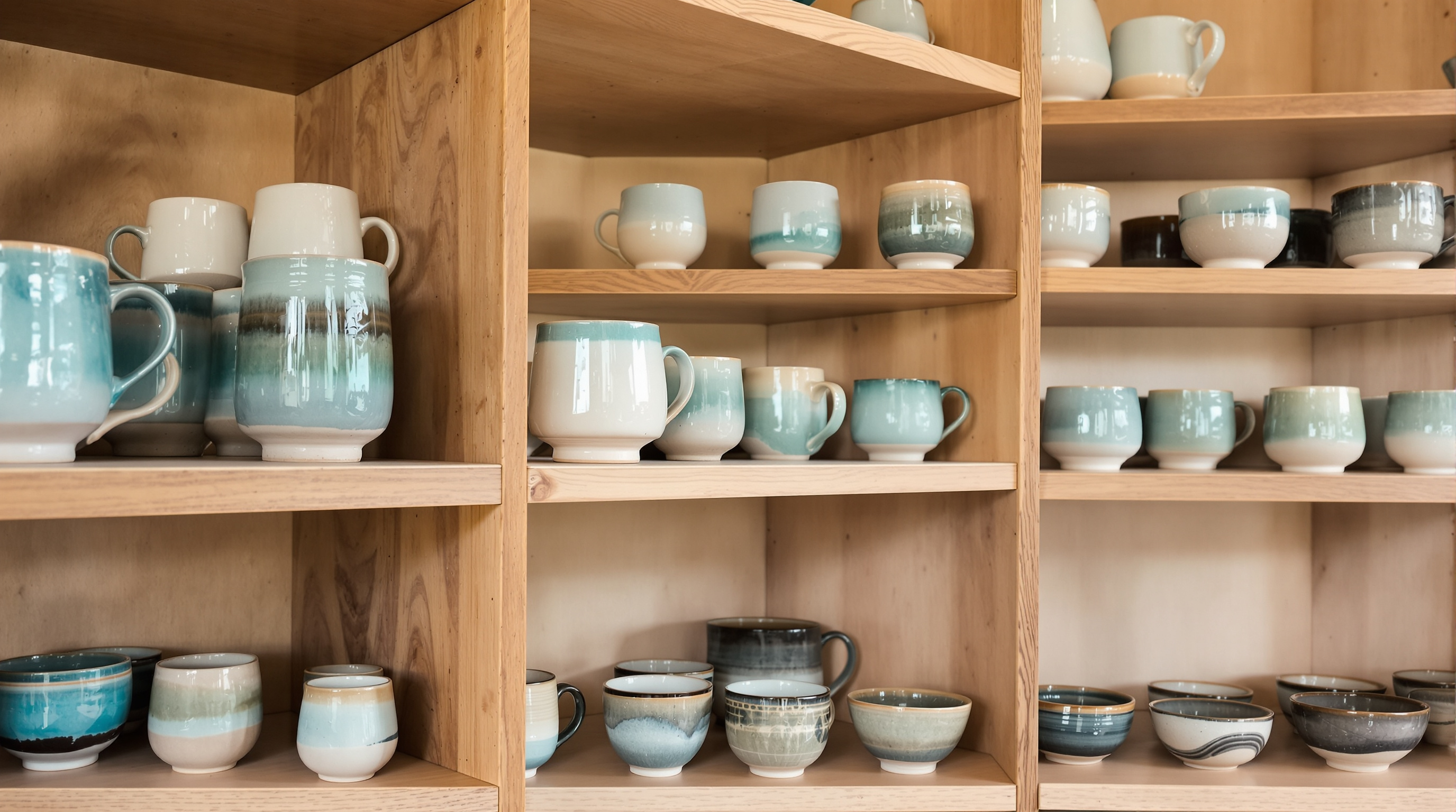 Shelves of handmade stoneware pottery in coastal glaze colors