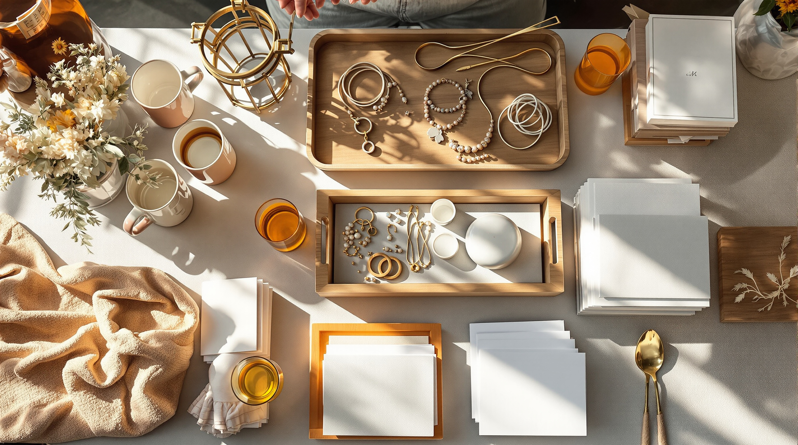 Overhead view of collections grouped on a gift shop display table