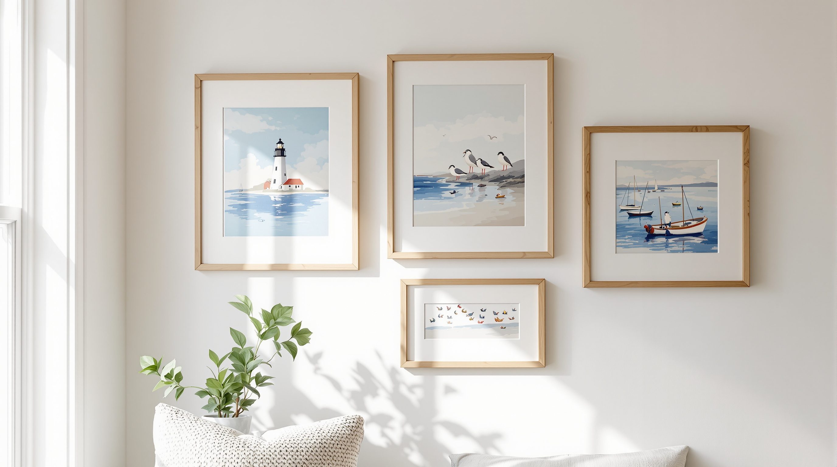 A gallery wall of framed coastal paintings and prints