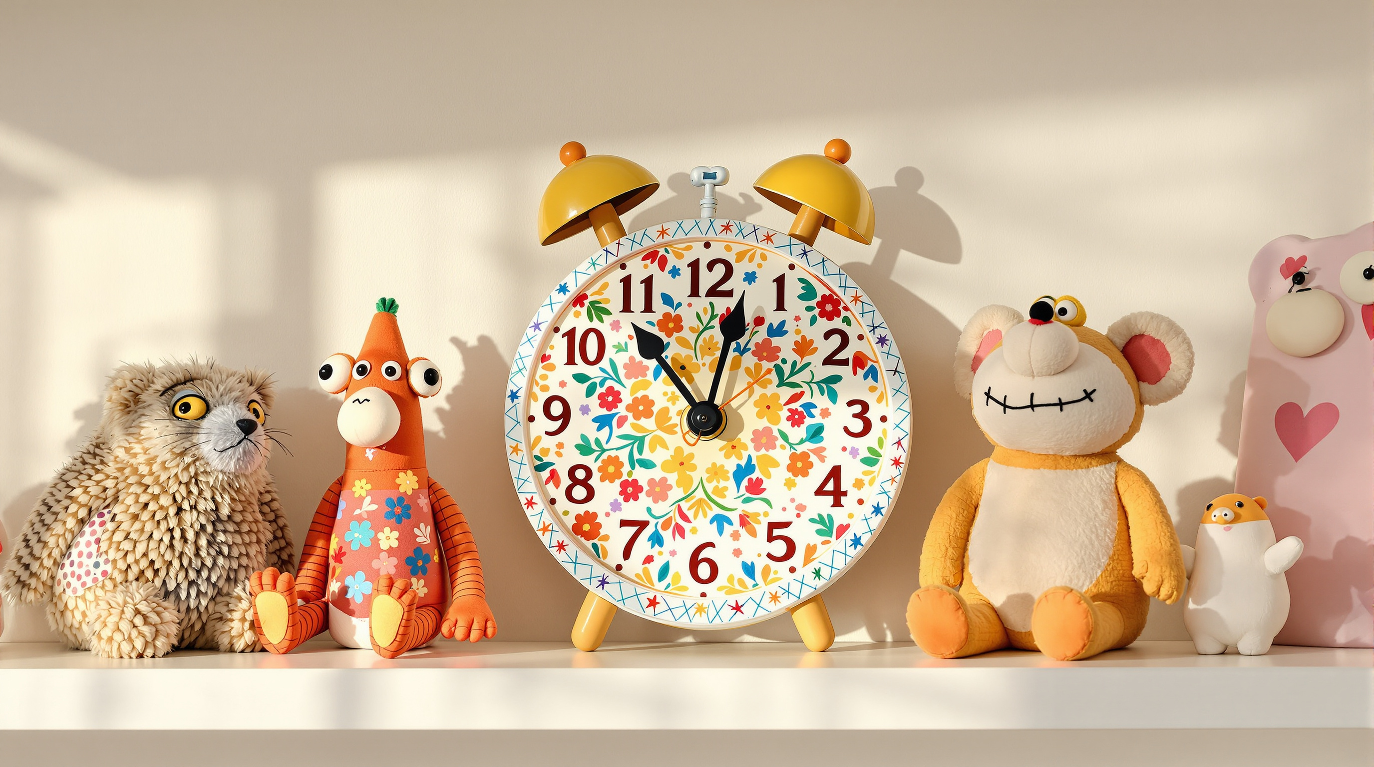 A cheerful display of whimsical handmade clocks, figurines and toys